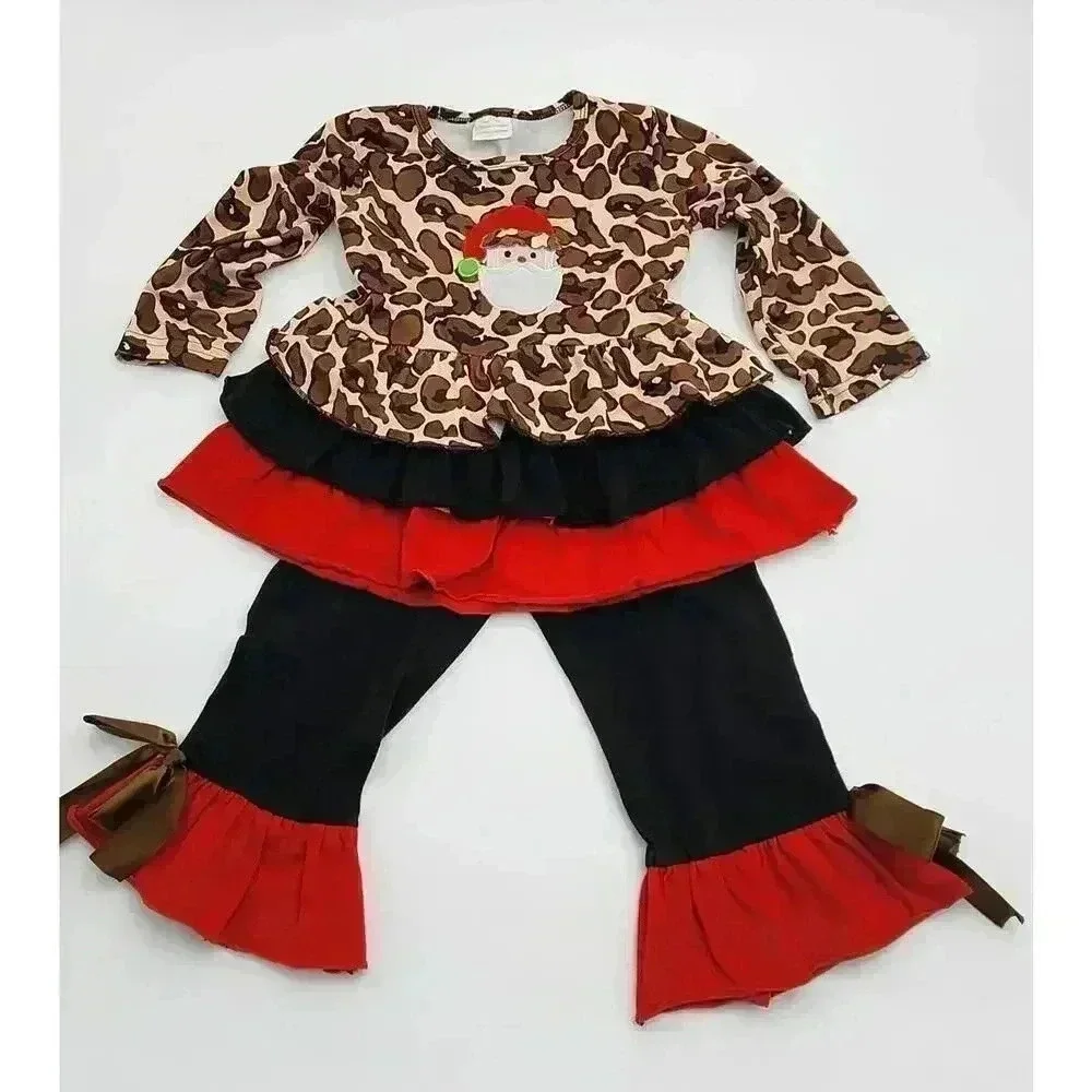 Boutique Girl's Size 12-18M Red, Black, and Animal Print Santa Ruffle Outfit